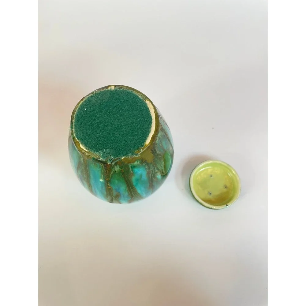 Vintage Artist Blue Green Drip Glaze Pottery Vase & Ginger Jar Ceramic Decor